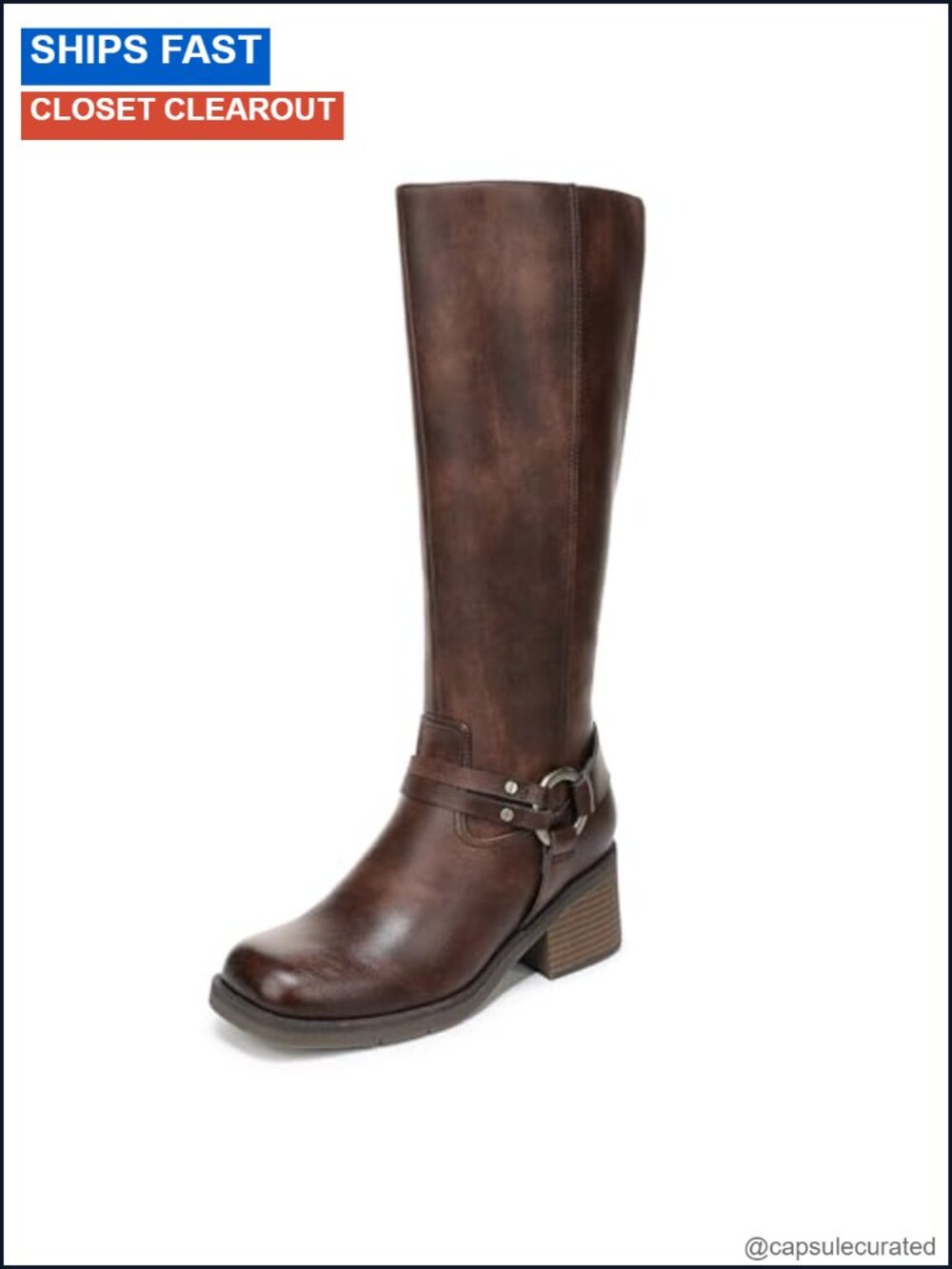 Knee High Block Heel Boots Faux Leather Side Zip Comfort